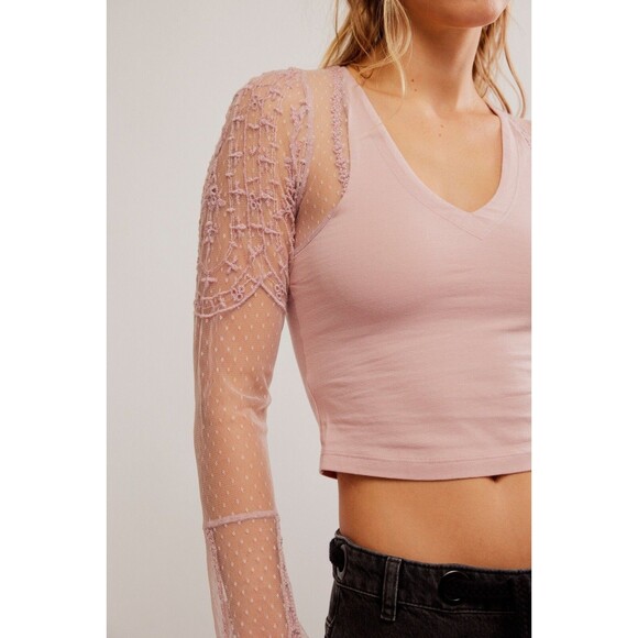 Intimatley Free People Who's That Girl Long-Sleeve Cropped Top Lace M New 280327 - Picture 2 of 8